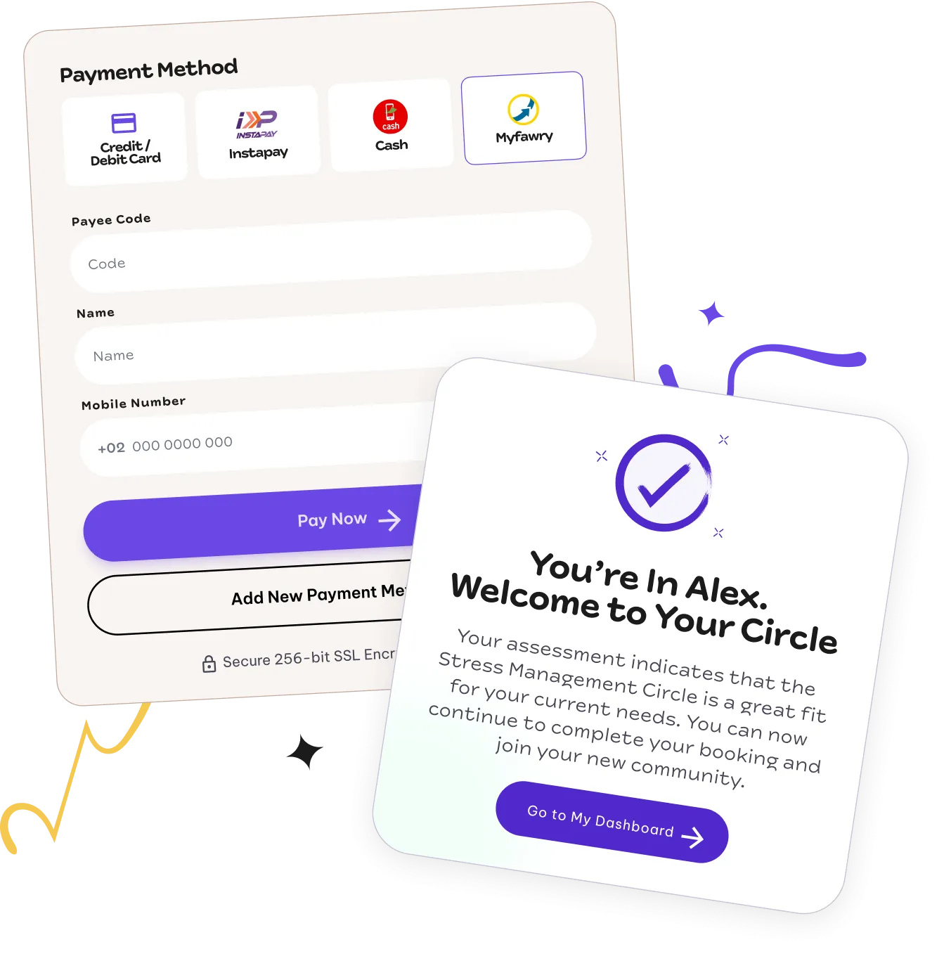 Payment method selection and Circle welcome confirmation