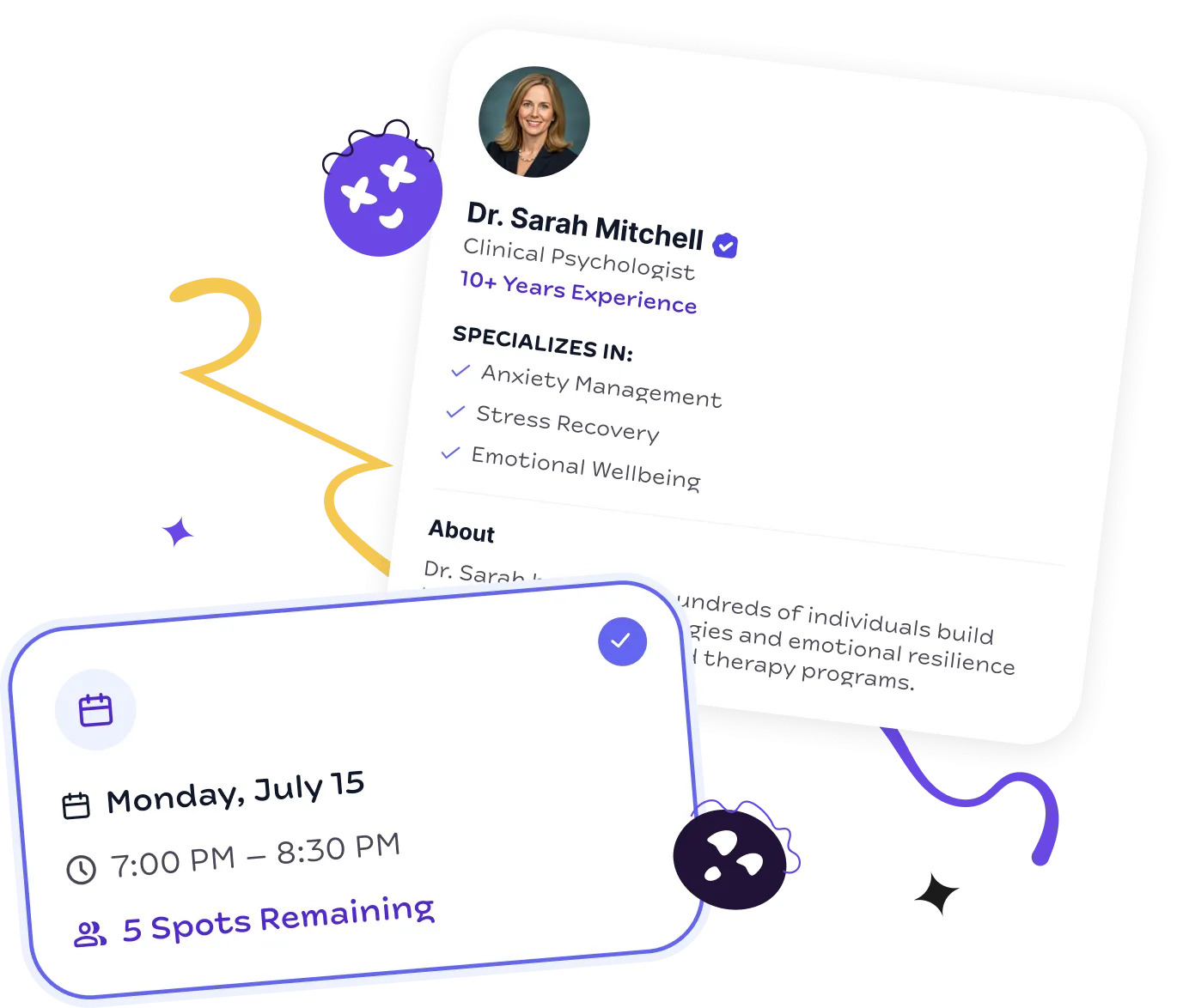 Therapist profile card and confirmed session details