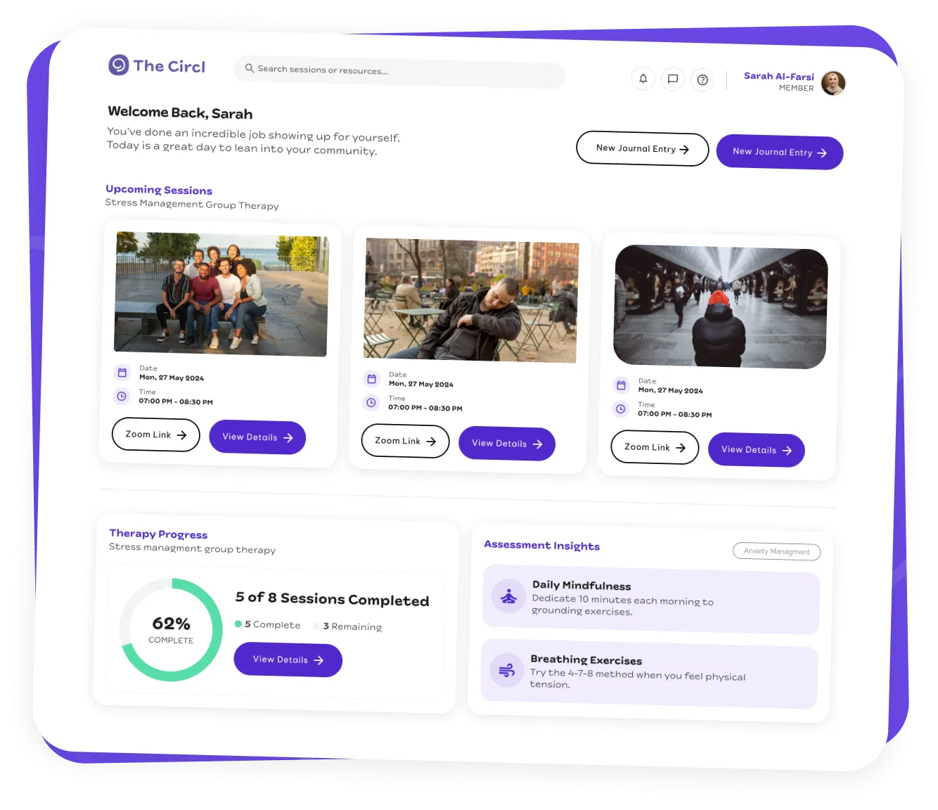 The Circl member dashboard with sessions and progress
